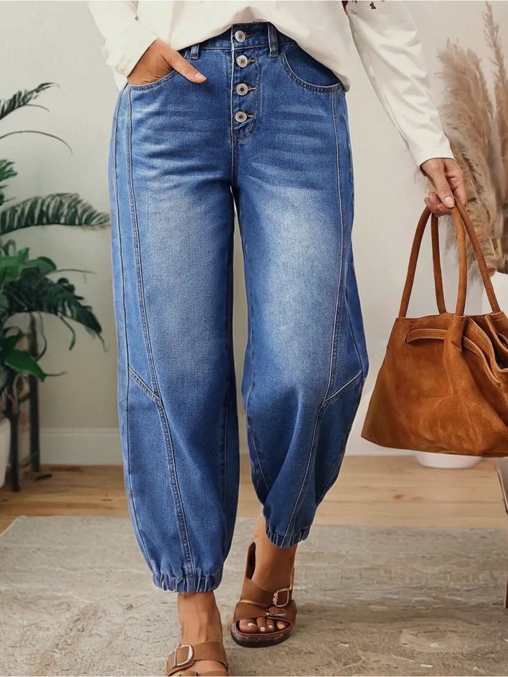 High-Rise Blue Button-Front Denim Jogger Jeans